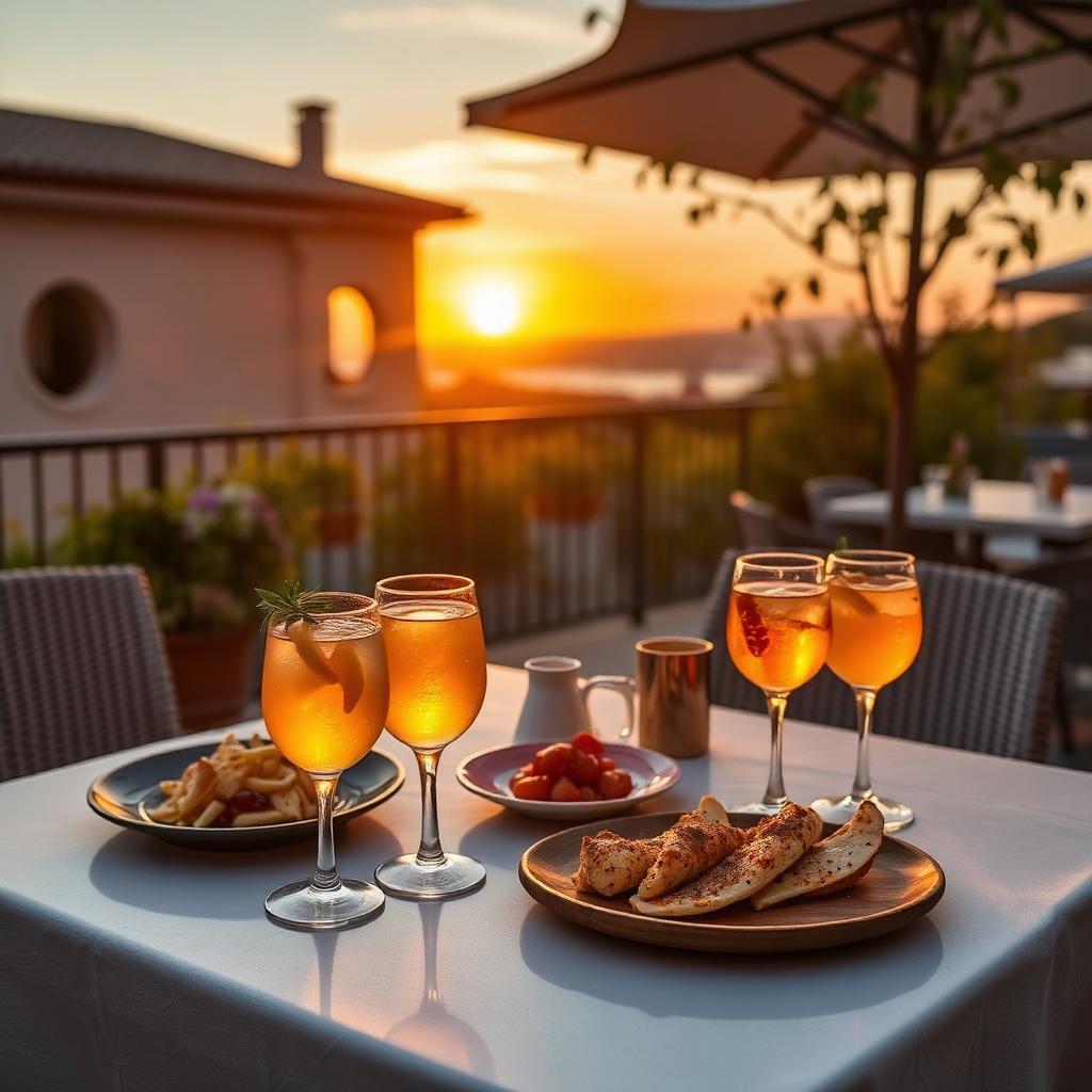 Aperitivo italiano al tramonto su una terrazza con spritz e piattini