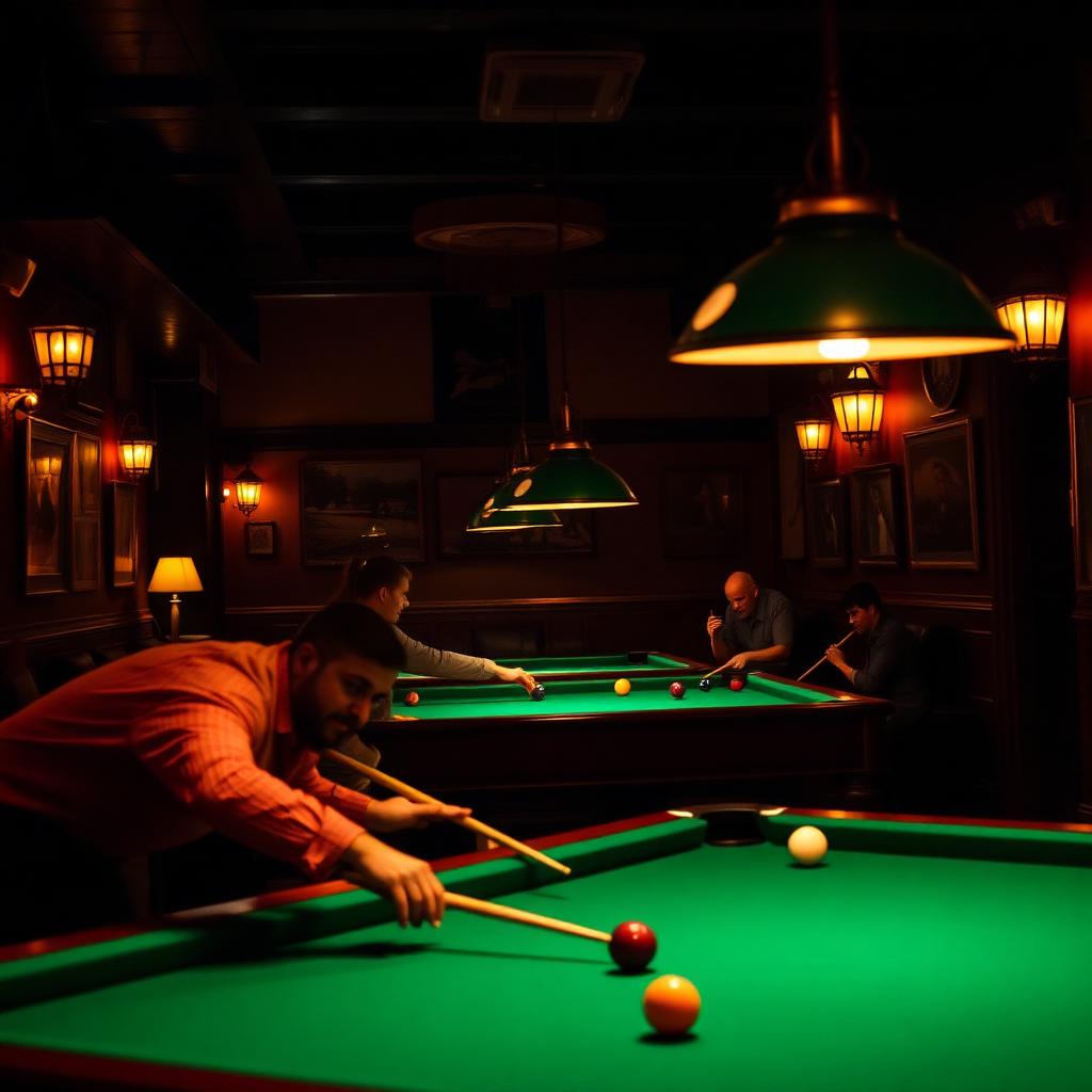Torneo di biliardo in un pub italiano con luci verdi e giocatori concentrati