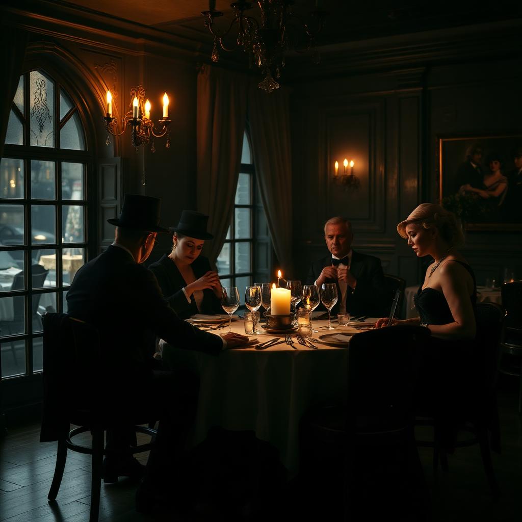 Cena con delitto in un ristorante elegante con attori in costume anni Venti