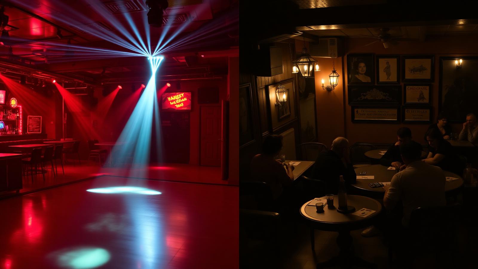 Composizione che contrappone una discoteca vuota e un pub ludico pieno