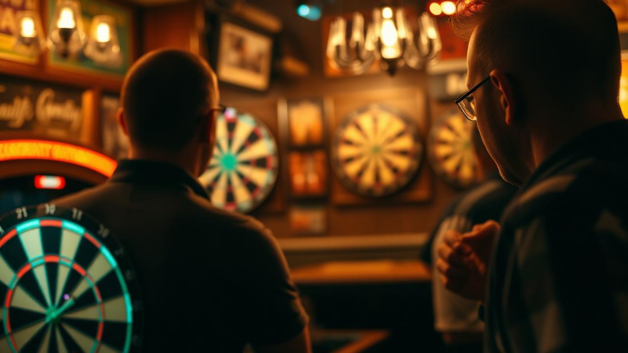 Giocatore di freccette concentrato davanti a un bersaglio illuminato in un pub italiano