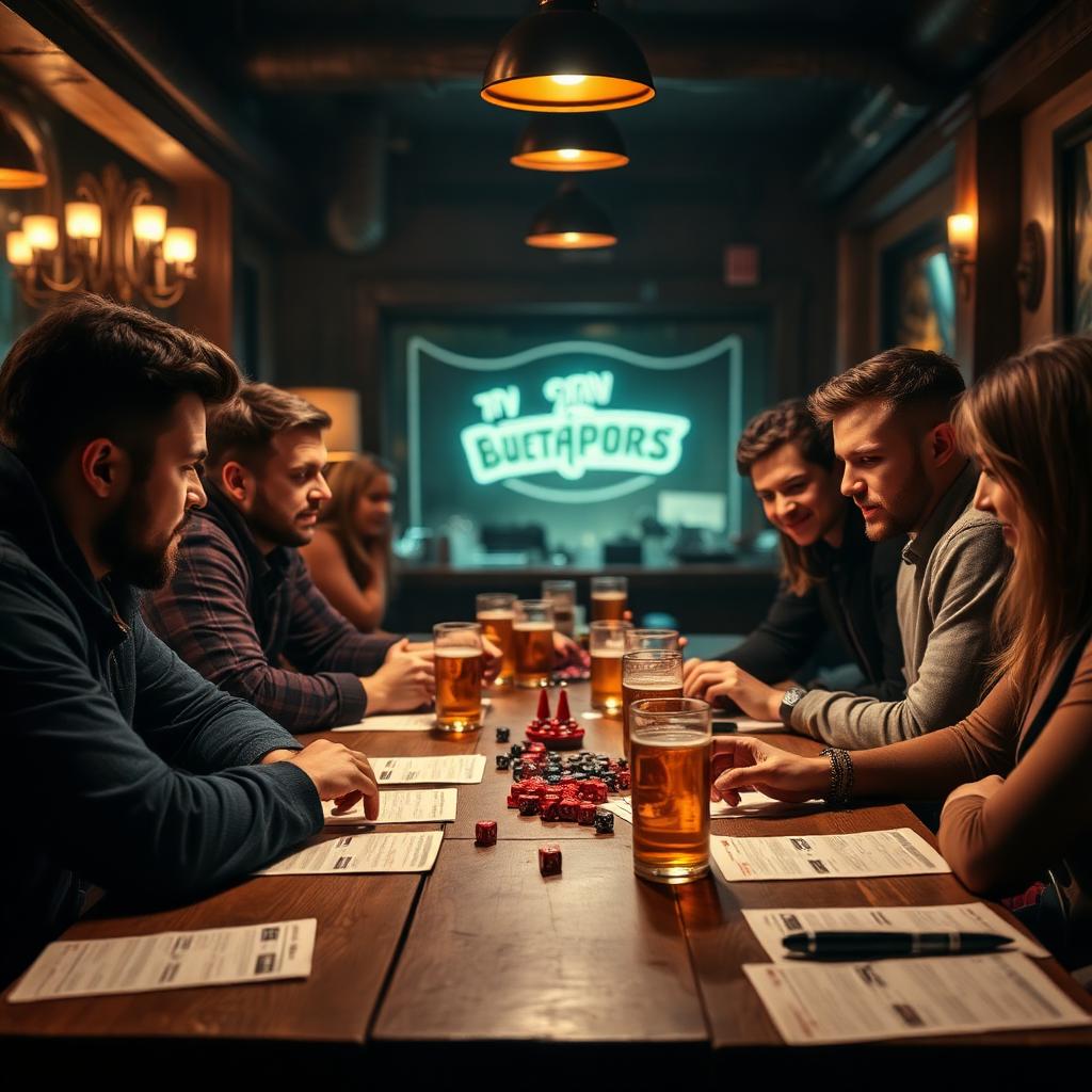 Tavolo di gioco di ruolo in un pub con dadi e schede personaggio