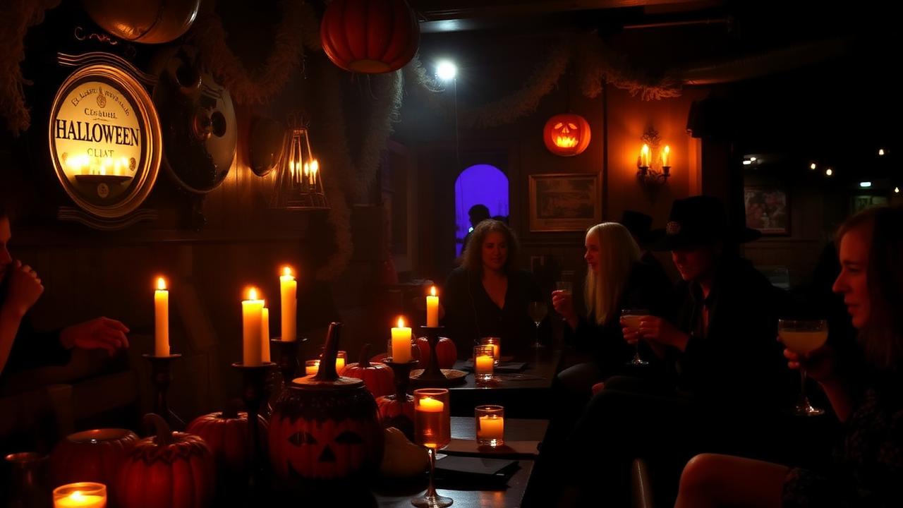 Pub italiano addobbato per Halloween con zucche, candele e clienti in costume