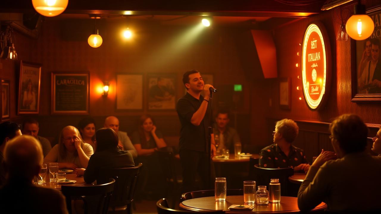 Persona canta al microfono durante una serata karaoke in un pub italiano