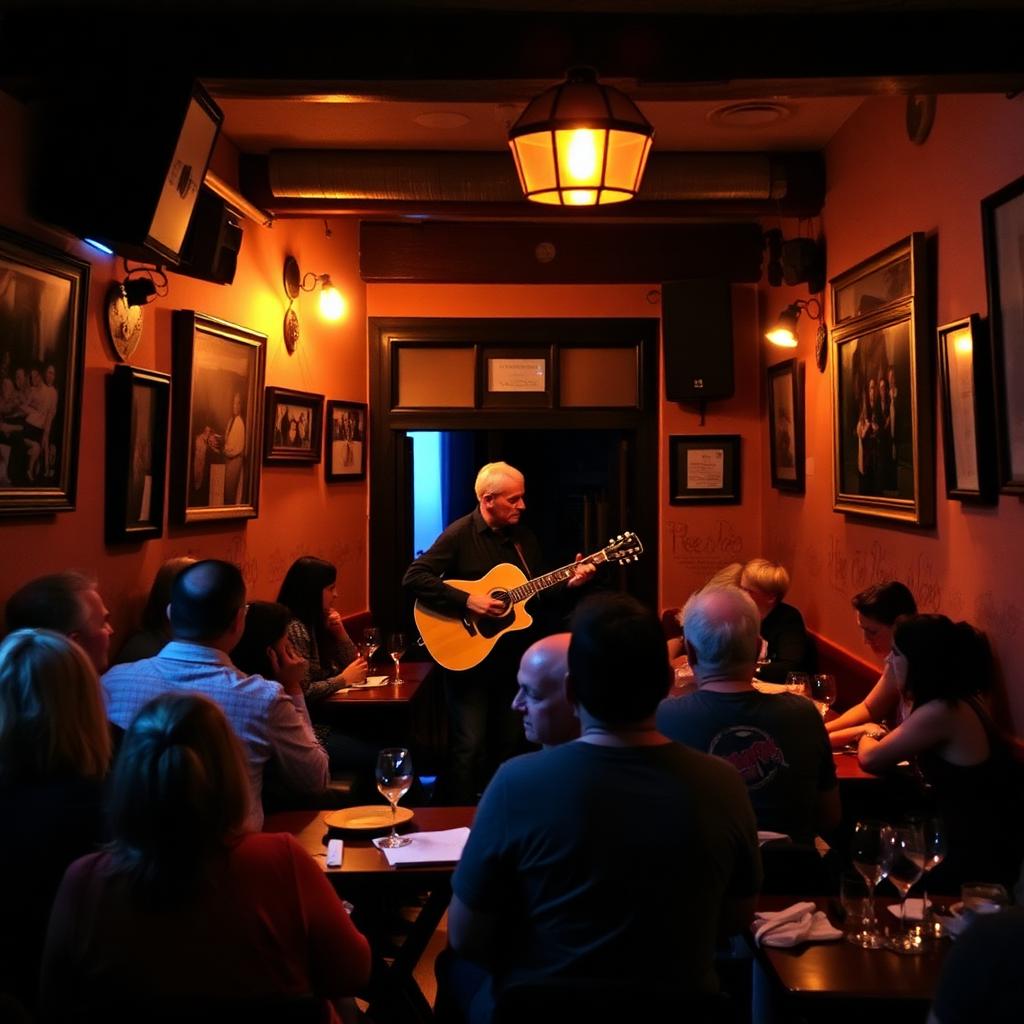 Cantautore con chitarra in un piccolo locale italiano davanti al pubblico