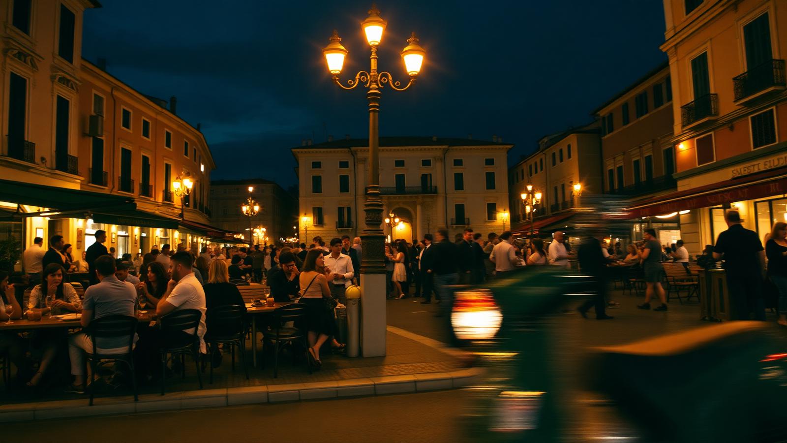 Piazza italiana di notte con tavoli all'aperto e luci calde