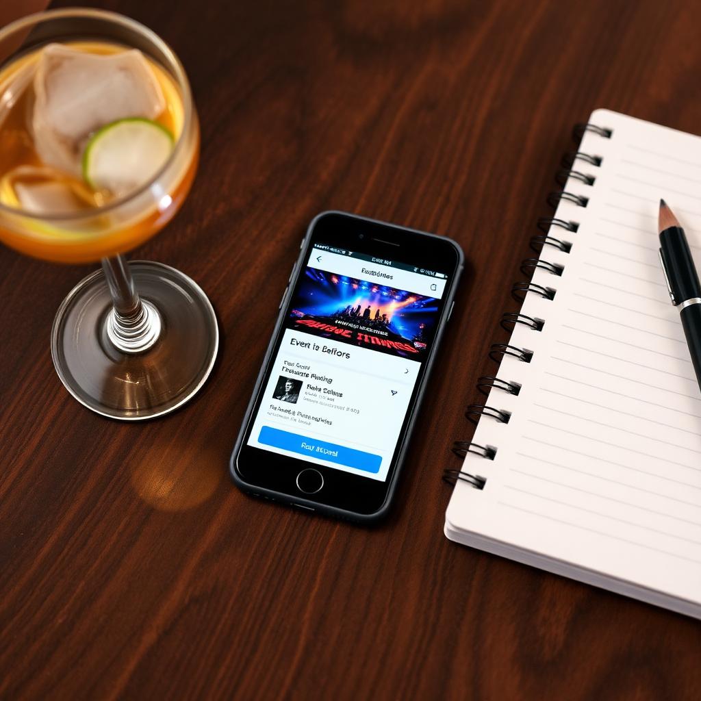 Smartphone con app di prenotazione eventi su un tavolo di pub