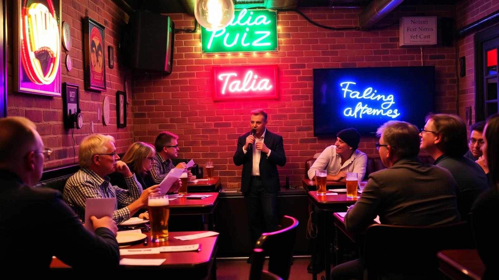 Host con microfono e tavoli di squadre durante una serata quiz