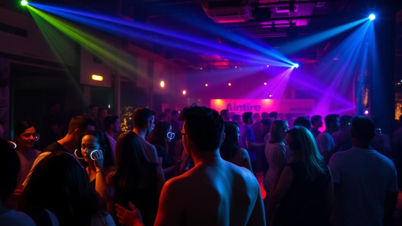 Persone ballano con cuffie luminose durante una silent disco in un locale italiano