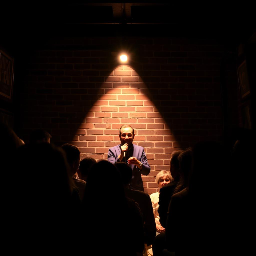 Comico stand-up sul palco di un piccolo locale italiano con luce singola