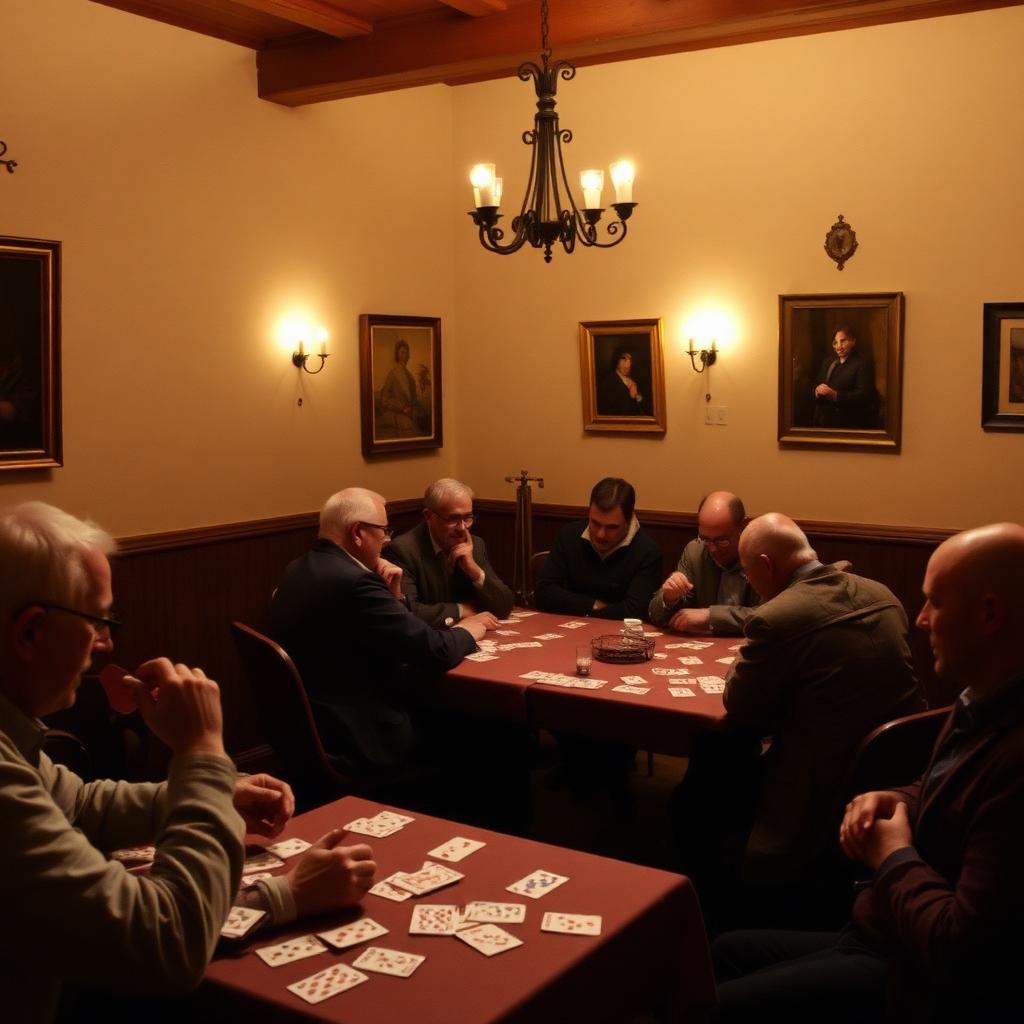 Tavolo di torneo di burraco in un circolo italiano con luce calda