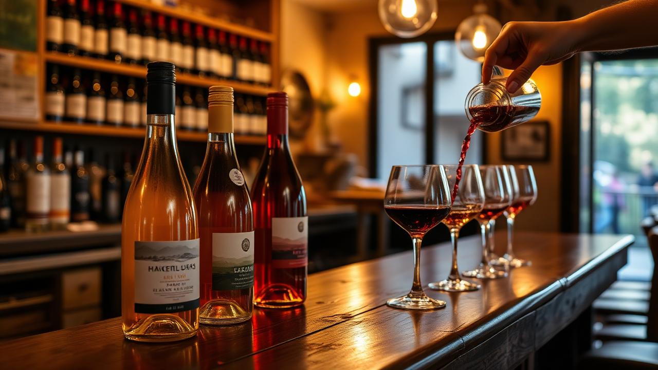 Bottiglie di vino naturale italiano su un bancone in legno di un wine bar serale